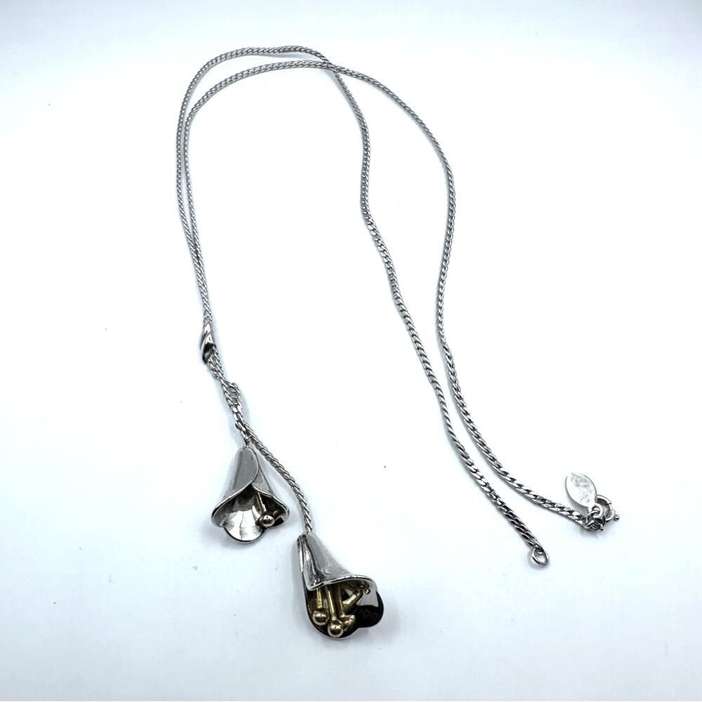 Vintage Two Tone 1978 Avon Calla Lily Lariat Y Drop Necklace VTG Retro